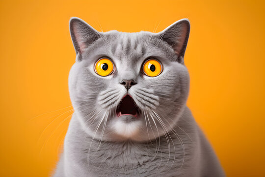 Studio shot of a funny surpised shocked british shorthair cat isolated on orange yellow background, digital art, ai generated