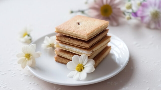 Biscuit cake on a white plate with flowers, sugar cubes and creamy stack of biscuit cake slices. Generative AI