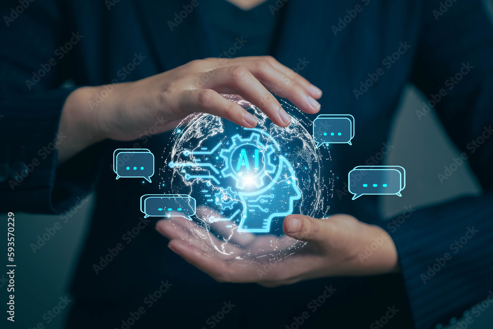 Poster Chatbot chat with AI. Artificial intelligence. The concept of accessing imagination by feeding commands to Ai to create what is in our mind with futuristic technology through the Internet.
