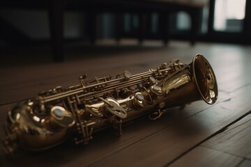 Obraz na płótnie Canvas close-up of a saxophone on a floor. Generative AI