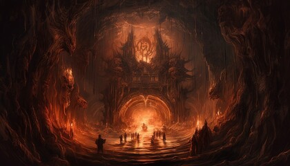 Portal to hell, featuring a terrifying gateway with fiery flames, smoke, and demonic creatures. The scene exudes an overwhelming sense of danger and dread, reminiscent of Dante's vision of the inferno