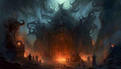 Portal to hell, featuring a terrifying gateway with fiery flames, smoke, and demonic creatures. The scene exudes an overwhelming sense of danger and dread, reminiscent of Dante's vision of the inferno