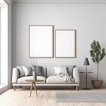 Mockup Rahmen im Hintergrund des skandinavischen Wohnzimmers, generative AI © TimosBlickfang