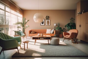 Fototapeta na wymiar Beautiful Cozy Mid Century Modern Living Interior with Furniture and Plants Made with Generative AI