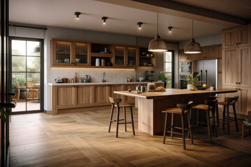 Amazing Luxury Kitchen Interior with wooden floor and kitchen island. Generative AI