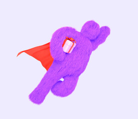 Superhero yeti in red cape with gift box 3d render. Flying express package delivery hero. Cartoon funny hairy furry monster with bonus or present from store. Fast shipping concept. 3D illustration