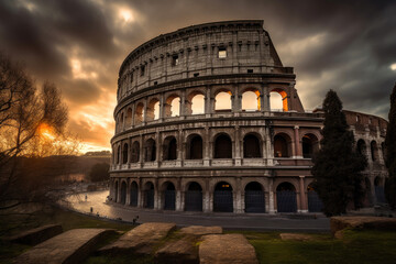 Fototapeta na wymiar Colosseum in Rome at sunrise, Italy, Europe. Generative AI