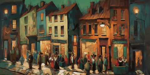 Obraz na płótnie Canvas Vibrant city life in the roaring twenties: Abstract depiction of bustling streets and colorful characters