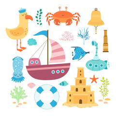 set of flat nautical elements on white