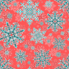 Watercolor seamless pattern with snowflakes. Great Christmas allover print for wrapping paper or textile. Winter design.	