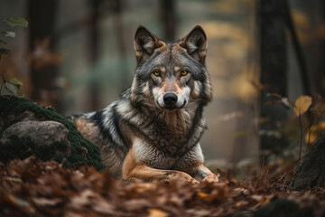 Naklejka na ściany i meble Grey wolf in the forest. Generative AI