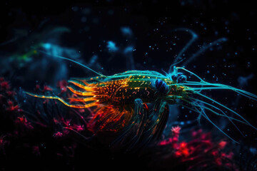 Glowing neon Shrimp. Generative AI