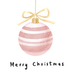 Hand drawn watercolor pastel pink Christmas ornament with horizontal stripes pattern and a cute gold ribbon. Hand written black ink text Merry Christmas. 