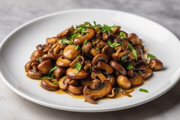 Fototapeta premium Stirfried Mushrooms On White Plate. Generative AI