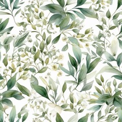 Strong watercolor sprout organize , a composition of green clears out and branches Seamless pattern,AI generation