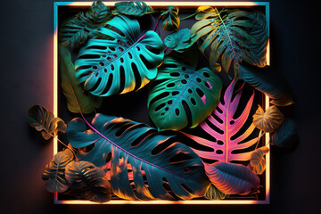 Tropical leaves on neon frame background. Generative ai.