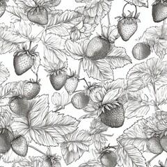counting sketched out strawberries on a white establishment, decorated with dull and white berry cuts and seeds . Seamless pattern, AI Generated