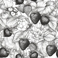 checking sketched out out strawberries on a white establishment, improved with bleak and white berry cuts and seeds . Seamless pattern, AI Generated