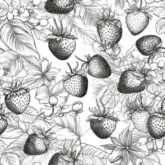 including outlined strawberries on a white foundation, embellished with dark and white berry cuts and seeds . Seamless pattern, AI Generated