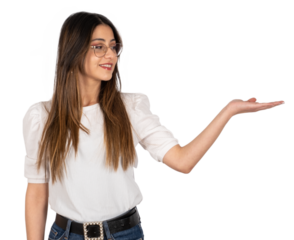 Transparent png portrait of young woman looking open palm. Holding imaginary product. Advertising concept idea. Isolated white background. Beautiful girl standing studio shot.
