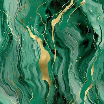 An Disorienting And Progressed Organize With Momentous Green Watercolor Clears Out, Liquid Marble Surface, And A Brilliant Line . Seamless Pattern, AI Generated