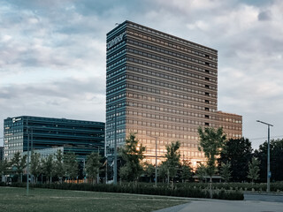 Fototapeta na wymiar Vilnius. Office building on Constitution Avenue at dawn