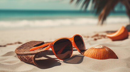 Fototapeta na wymiar a pair of orange sunglasses sitting on top of a sandy beach. Generative Ai