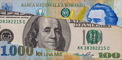 100 dollar banknote through torn Romanian lei banknote