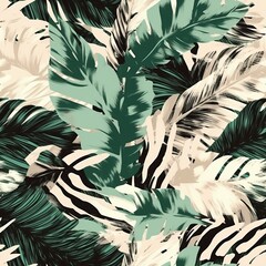 Hypothetical palm takes off filled with animal print . Seamless pattern, AI Generated