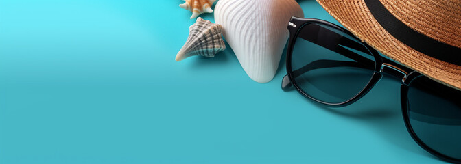 a straw hat, sunglasses and seashells on a blue background. Generative Ai