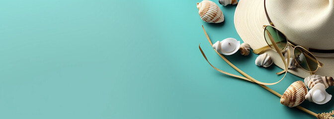 a hat, sunglasses and seashells on a turquoise background. Generative Ai