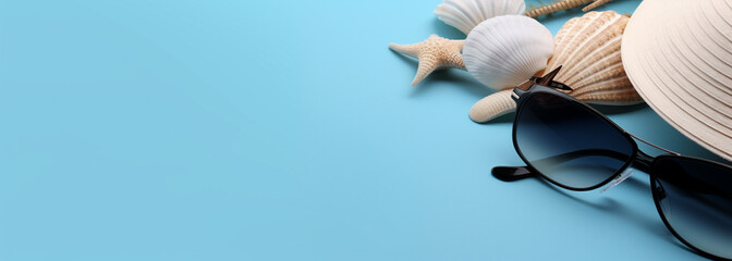 a close up of a hat, sunglasses and starfish on a blue background. Generative Ai