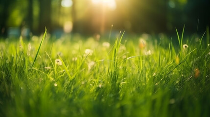 a grassy field with the sun shining through it. Generative Ai