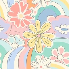 Make a odd and strong solid organize with pastel rainbow colors, highlighting theoretical daisy makes and unessential doodle rainbows . Seamless pattern, AI Generated