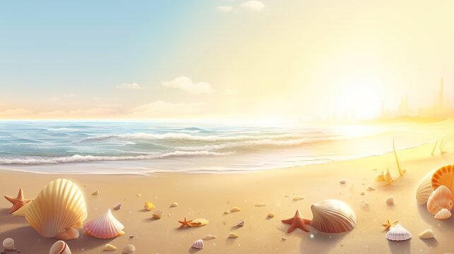 A beach scene with seashells and a sunset. Generative AI