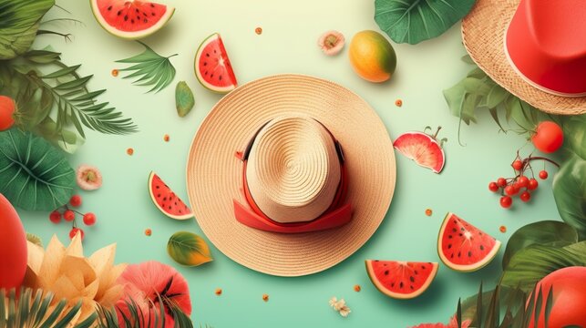 Generative AI beach hat surrounded by pieces of watermelon