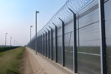 Illustration of a fence between two countries, 3 metres high, barbed wire, Border fence, militarily. Generative AI