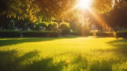 the sun shines through the trees in the park, with lush grass on the lawn, shallow depth of field, in a suburban yard, the setting sun. Generative Ai