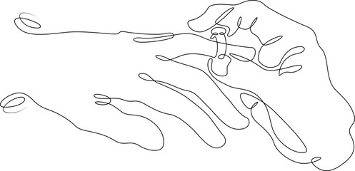 One continuous line.Wedding ring. He puts a ring on his finger. Wedding. Wedding betrothal. Wedding ring. Newlyweds hands.One continuous line drawn isolated, white background.