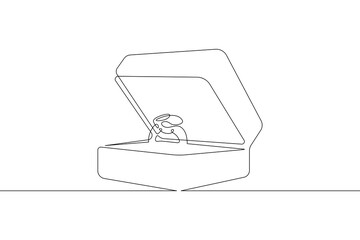 One continuous line.Box with an engagement ring. Wedding ring. Jewelry box.One continuous line drawn isolated, white background.