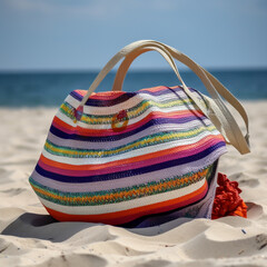 beach bag sitting on top of a sandy beach, multicolor, in the background. Generative Ai