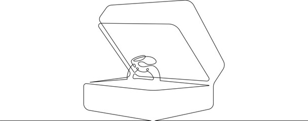 One continuous line.Box with an engagement ring. Wedding ring. Jewelry box.One continuous line drawn isolated, white background.