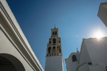 Tinos island, Cyclades, Greece. Evangelistria Greek Orthodox Church, blue sky