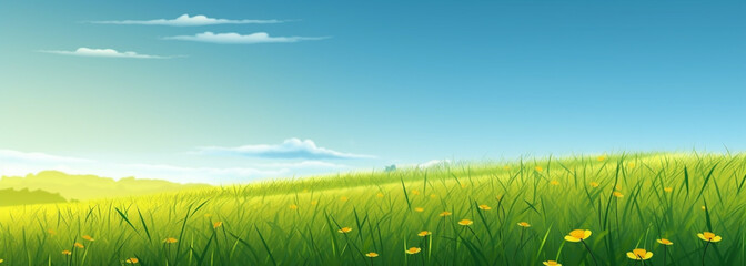 Obraz premium green field with yellow flowers under blue sky, concept art, highly detailed, extra wide, morning, banner. Generative Ai