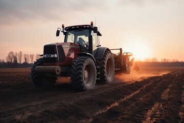 Agricultural tractor sowing seeds into purified soil at sunset. Generative AI
