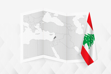 A grayscale map of Lebanon with a hanging Lebanese flag on one side. Vector map for many types of news.