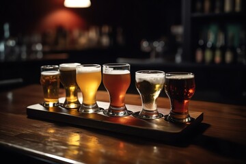 Assorted beer on pub bar table. Generative AI