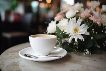 Obraz na płótnie Canvas Coffee cup with flowers on table. Generative AI
