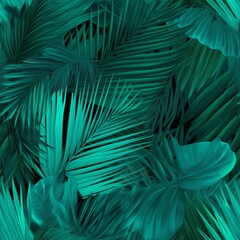 reasonable arrange counting shocking turquoise and green tropical takes off with palms . Seamless pattern, AI Generated