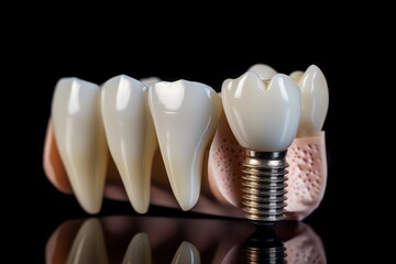 Fototapeta na wymiar Medically accurate 3D dental implant and ceramic crown. Generative AI